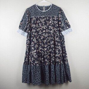 Ann Taylor Womens L Navy Blue Mixed Floral Print Peplum Swing Dress Short Sleeve